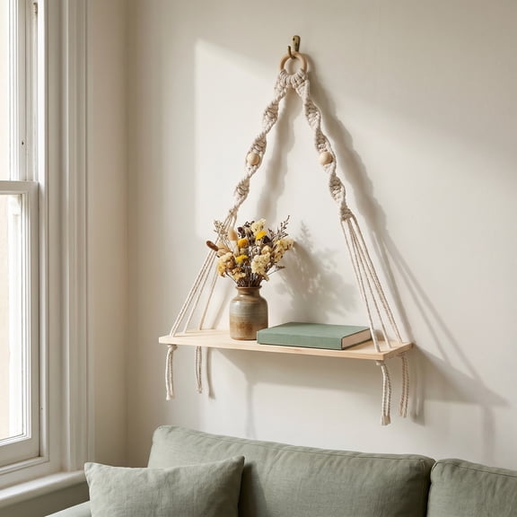 FOLOYORI Macrame Hanging Shelves Decorative Wall Shelves Beige Modern Design 1Pack
