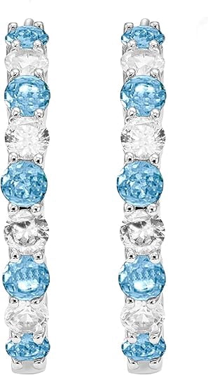 Beyond Brilliance Silver Finish Over Brass Round Blue Topaz and White Sapphire Hoop Earrings for Women