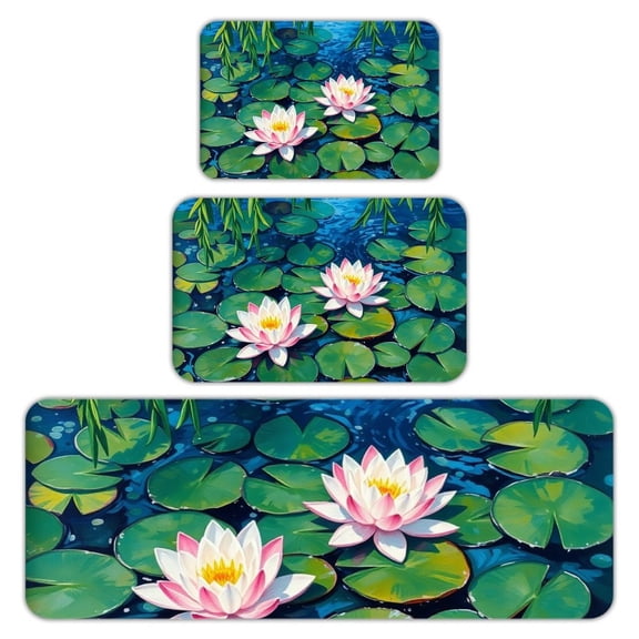 RKSupls Kitchen Rug Set 3 Piece Anti-Slip Flannel Floor Mats, Water Lily Pond Washable Absorbent Runner Mats for Kitchen Bathroom Home Decor