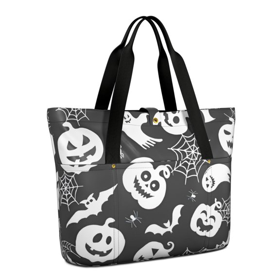 Tote Bag for Women - Halloween Silhouette Icons Pattern Shoulder Bag - Large Utility Work Duffle Bag with Zipper Handbag for Travel, Work, Sprots
