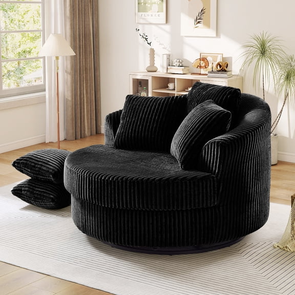 Muumblus 50" Oversized Swivel Accent Barrel Chair, Modern Lounge Chair Indoor, Round Reading Armchair for Living Room, Black Corduroy