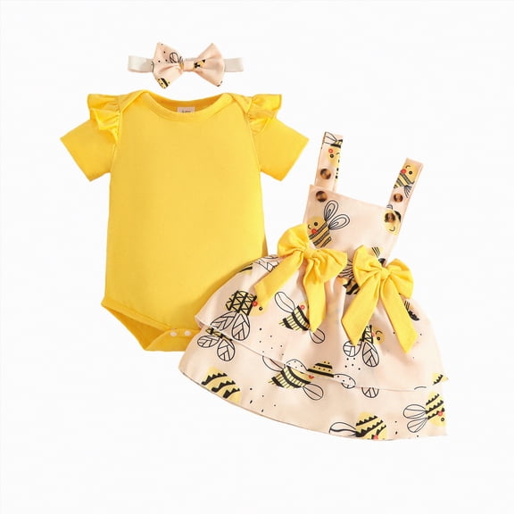 CAUYDY Newborn Baby Girls Summer Clothes Short Sleeve Romper & Overall Dress & Bow Headband 3PCS Set for Little Girl Toddler 0 3 6 9 12 18 Months (Sizes 3-6 Months,H3-Yellow)