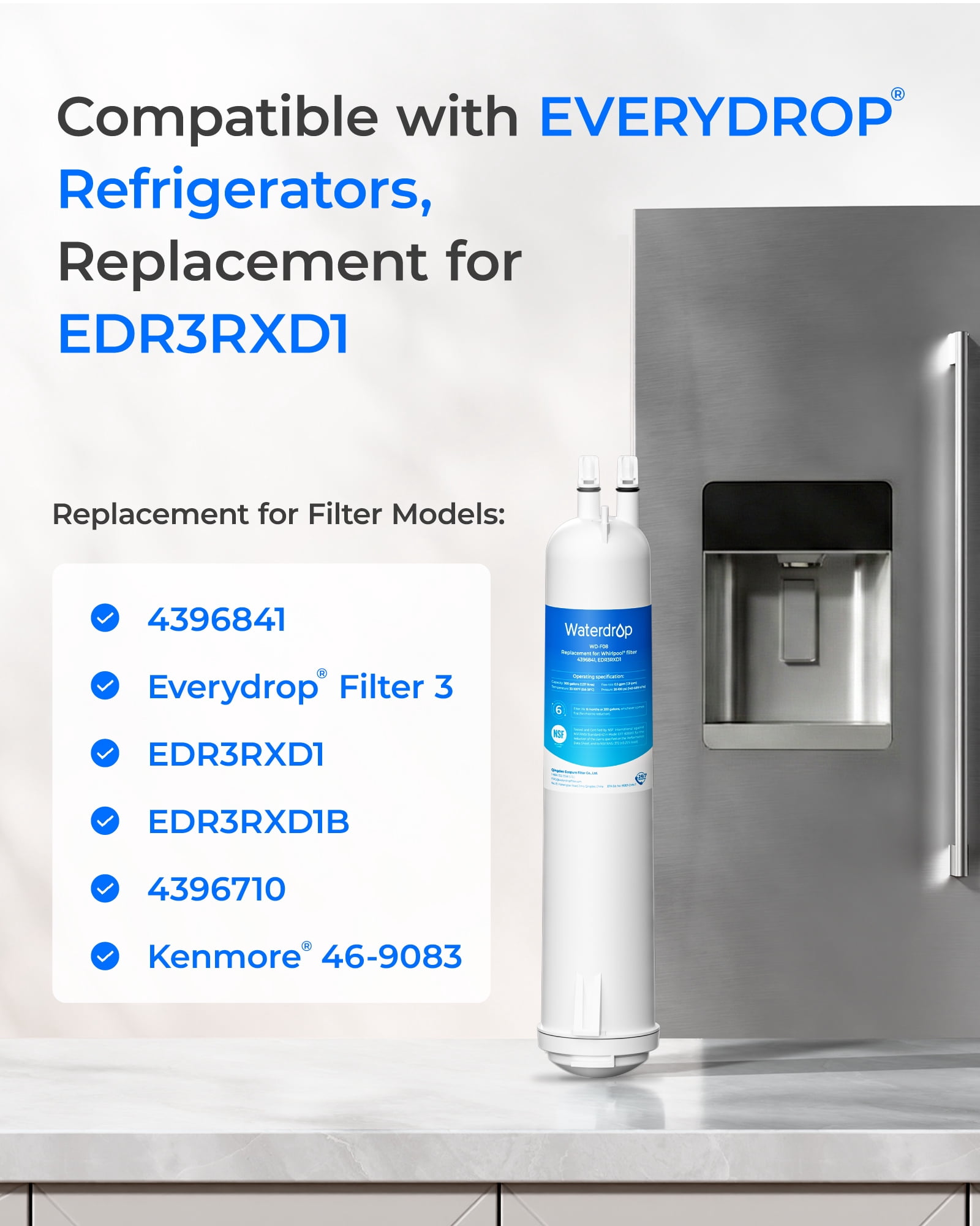 Waterdrop WD-F08 Replacement for 4396841, Everydrop® Filter 3, EDR3RXD1, 4396710, Kenmore® 46-9083, 46-9030, Refrigerator Water Filter, 2 Filters