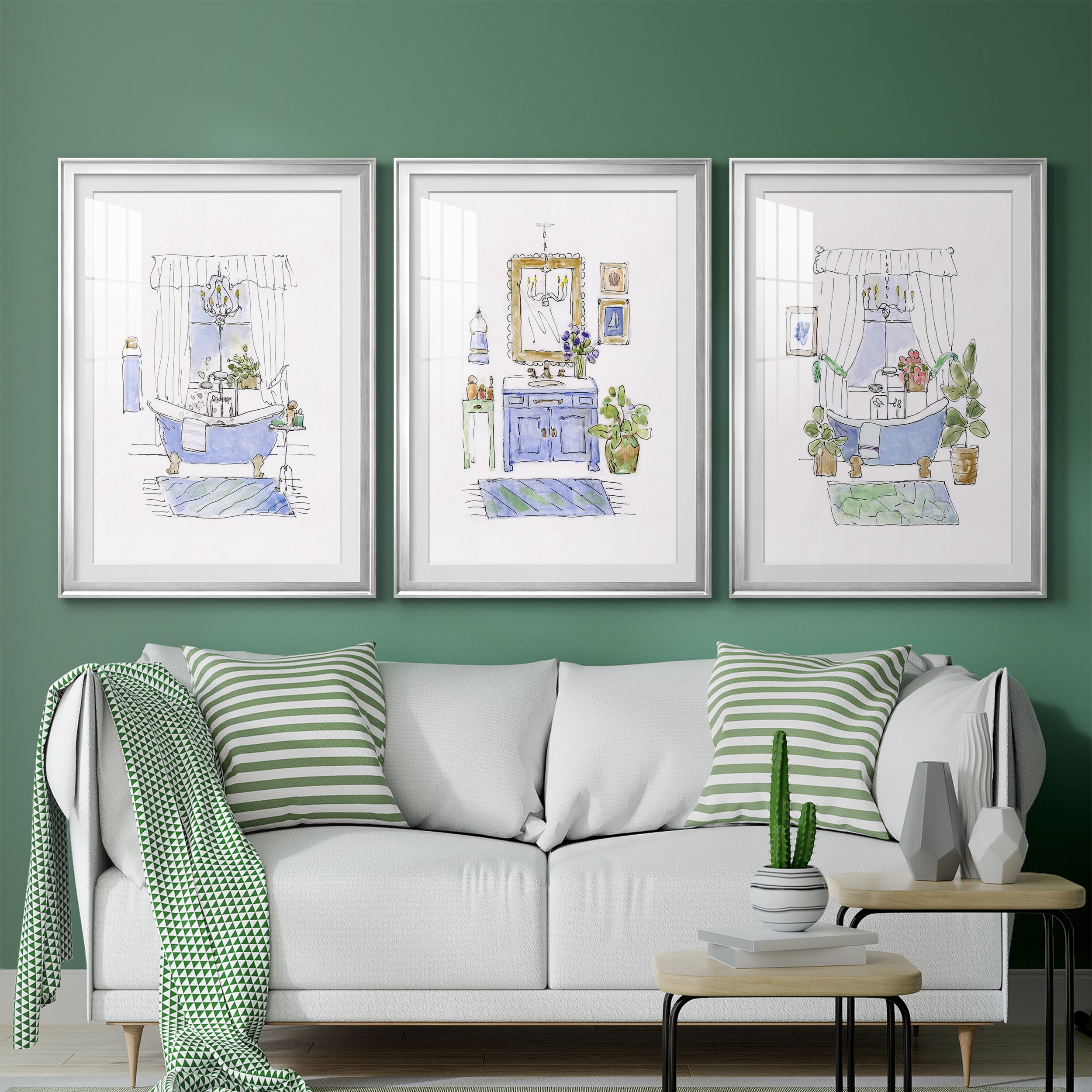 Sketchy Bath I Premium Framed Prints Set of 3 - Ready to Hang - 26.5 x 36.5 Each - Silver Frame