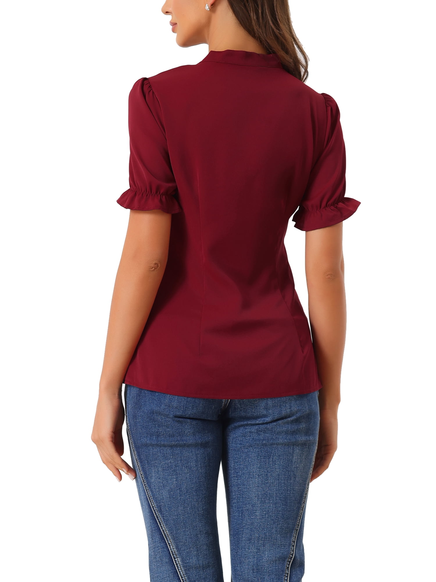 Unique Bargains Women's Bow Tie Neck Office Elegant Short Sleeve Blouse Top L Burgundy