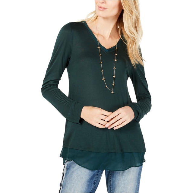 I.N.C T-Shirt Basique à Bordure Transparente pour Femmes, Vert, Moyen