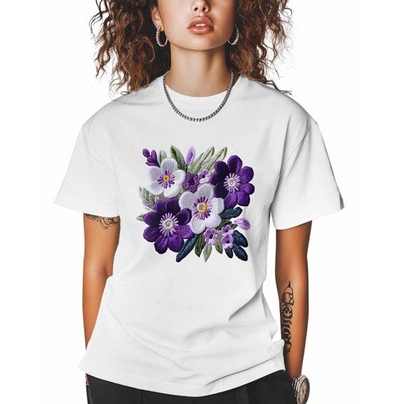 T Shirts for Women Short Sleeve Cotton Crewneck T-Shirt, Purple Flower Embroidery Tee Tops Casual Basic T-Shirts, XS-5XL White XS