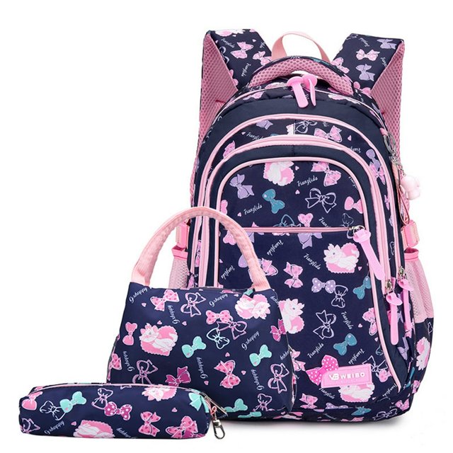 MesaSe Student Backpack Bow Print Waterproof Smooth Zipper Bookbag Handbag Pencil Bag for Primary School Students