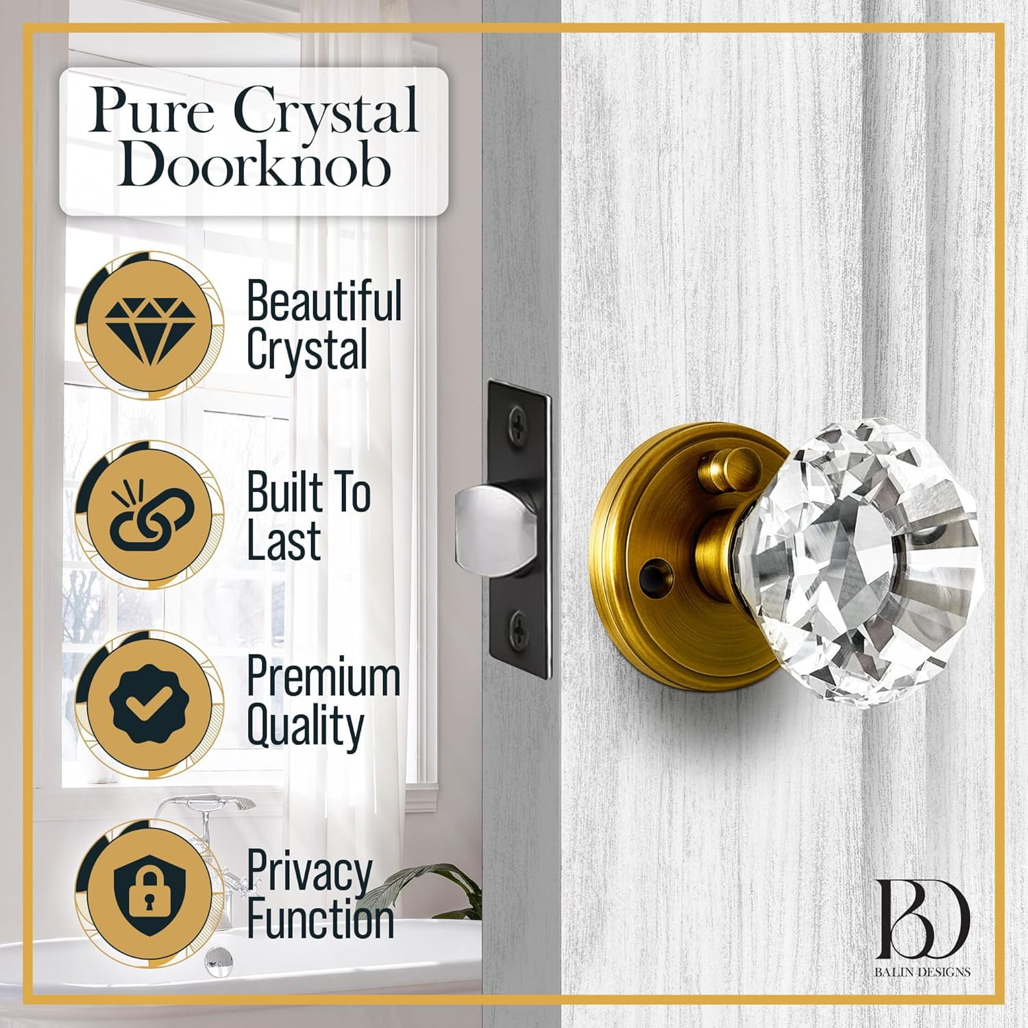 Balin Designs Crystal Doorknobs (Antique Crysta Clear) - Decorative Hardware Interior and Exterior Keyless Privacy Door Lock for Bathroom, Bedroom, or Other Doors, Antique Brass Gold Bronze (1 Pack)