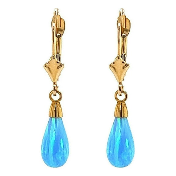14K Solid Yellow Gold Blue Dangle Light Blue Opal Leverback Earrings For Women Jewelry