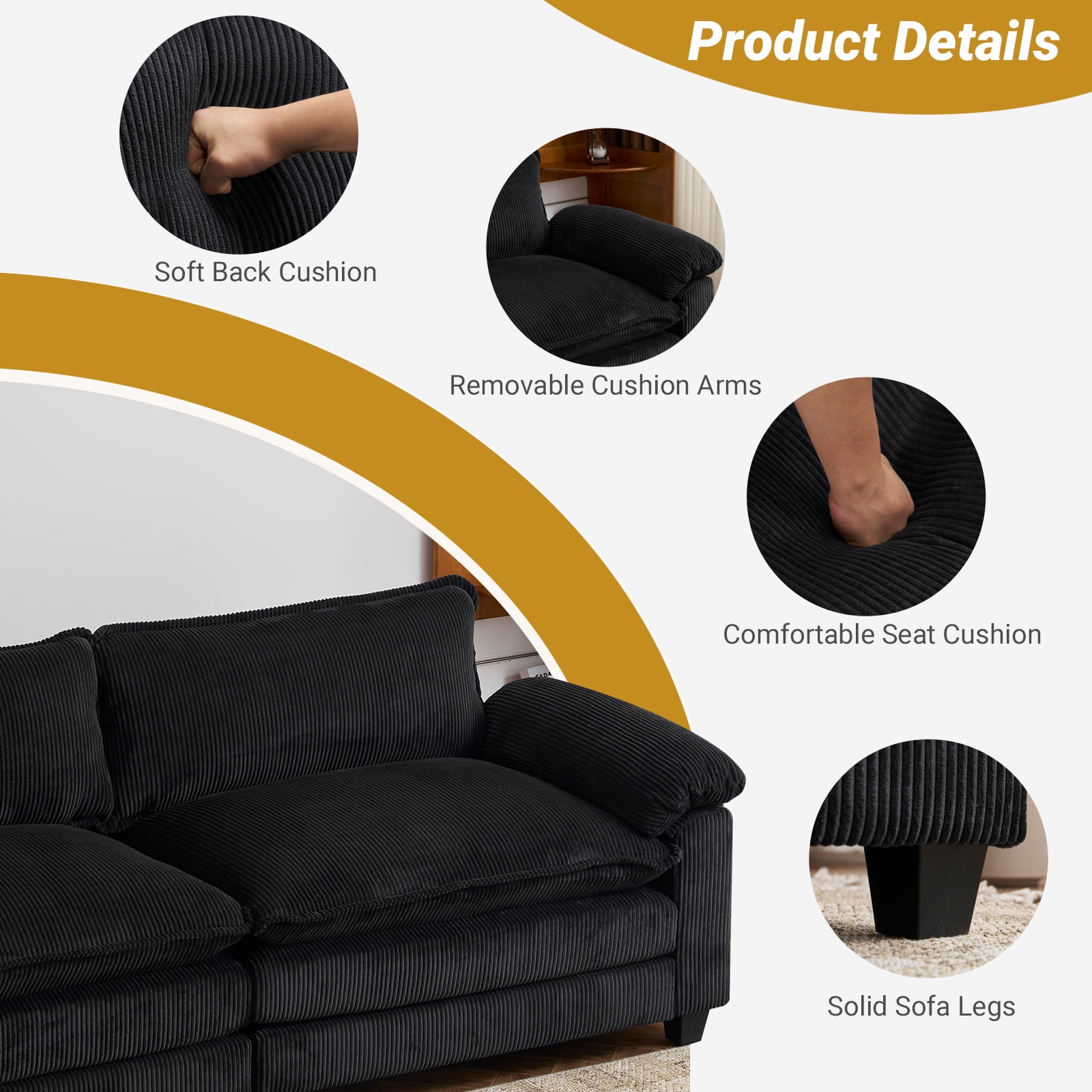 Zimtown 90“ Sofa Bed Couch with Pillow Arms and Double Layer Cushions, Corduroy Loveseat Sofa with Removable Ottoman for Living Room, Black