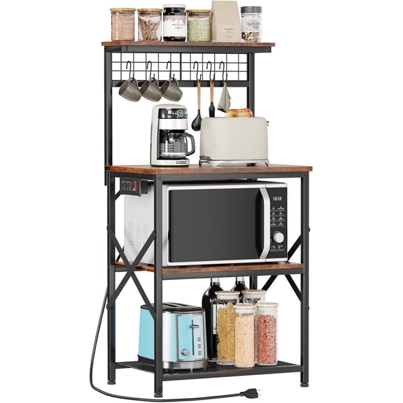 Kitchen Bakers Rack with Power Outlet, Microwave Oven Stand with Storage 4 Tiers, Coffee Bar Table with 6 S Hooks, Kitchen Storage Shelf Rack for Spices, Pots,Black