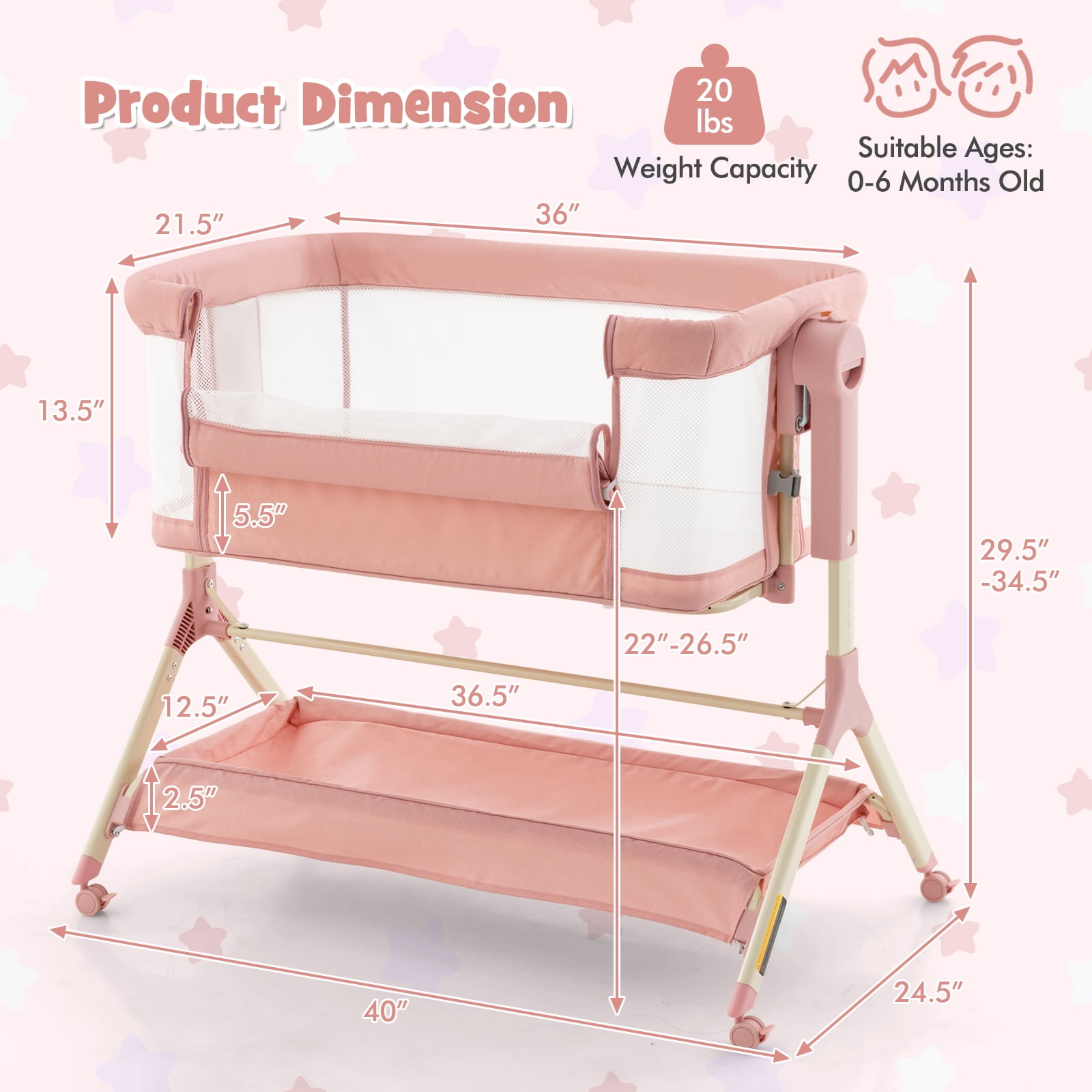 Costway Height Adjustable Bedside Sleeper Baby Crib with Storage Bag Pink