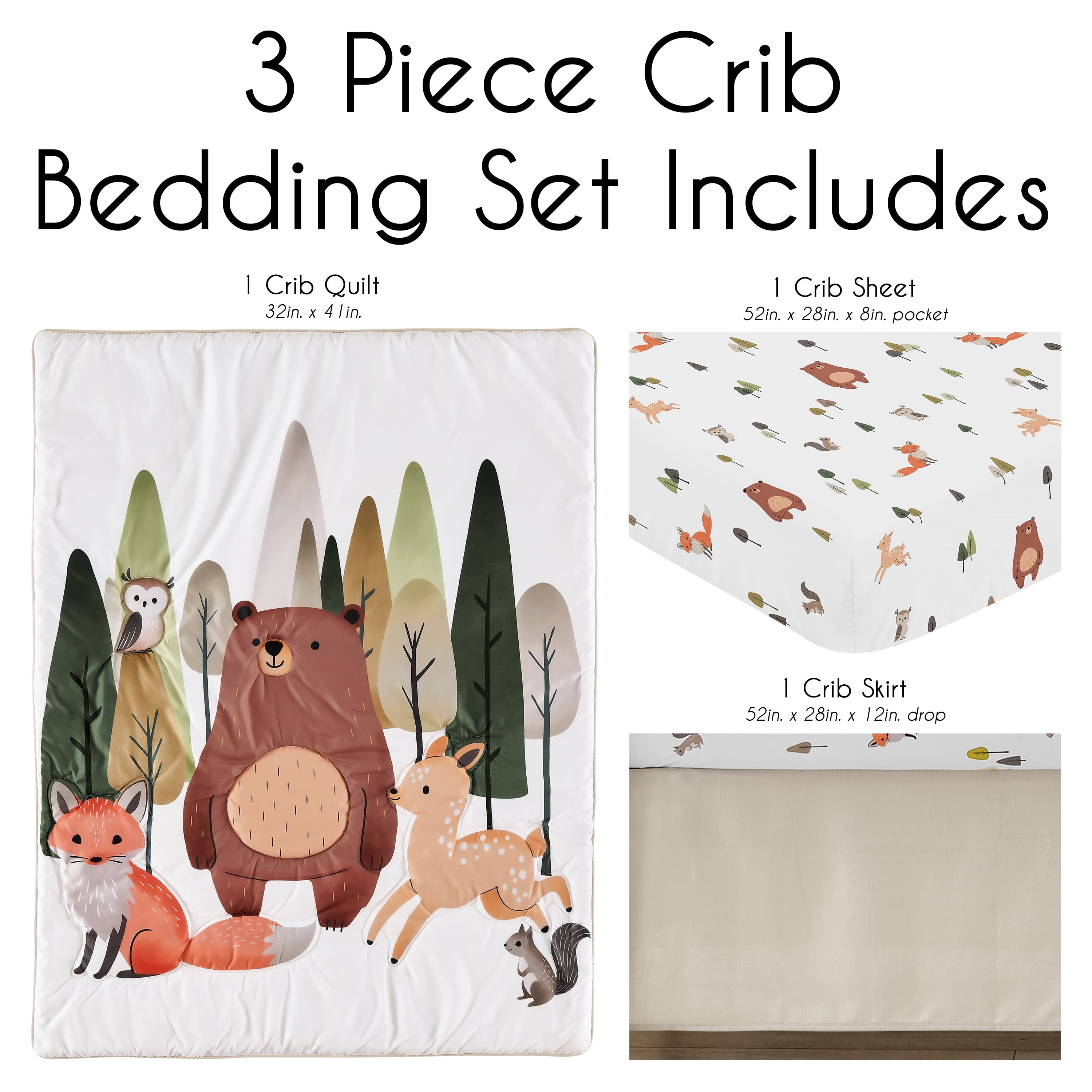 Sweet Jojo Designs Woodland Animal Pals Green Beige Brown Orange Crib Bedding Set 3 Piece Set