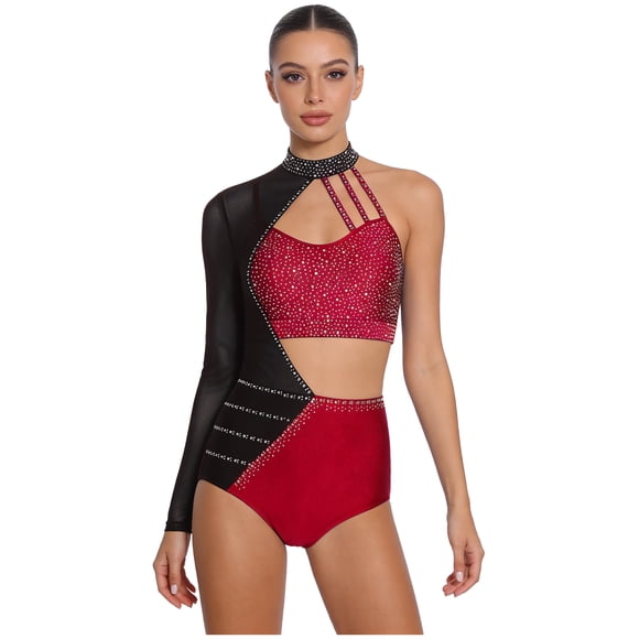 Rswnyirn Womens Rhinestones Gymnastics Dance Leotard Rhythmic Gymnastics Bodysuit Ballet Dance Cosutme Burgundy M