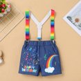 thumbnail image 4 of FYMNSI Watermelon Baby Boy 1st First Birthday Cake Smash Outfit Rainbow One Year Old Party Photo Shooting Props Cotton Short Sleeve Romper Y-back Suspenders Denim Shorts Mini Crown Hat 4pcs Set, 4 of 7