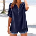 thumbnail image 2 of Aricy Womens Tops Cotton Linen Shirts Summer V Neck Button Up Short Sleeve Ladies Blouse T-Shirts Solid Color Work Casual Loose Blouses, 2 of 2