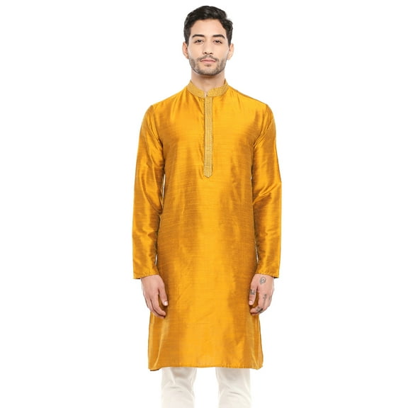 In-Sattva Men's Indian Embroidered Banded Collar and Placket Royal Kurta Tunic; Mustard; SM