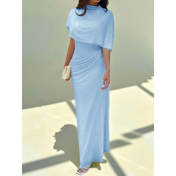 Blue Elegant Cowl Neck Ruched Waist Maxi Dress, Minimalist Long Dress For Work Date Vacation