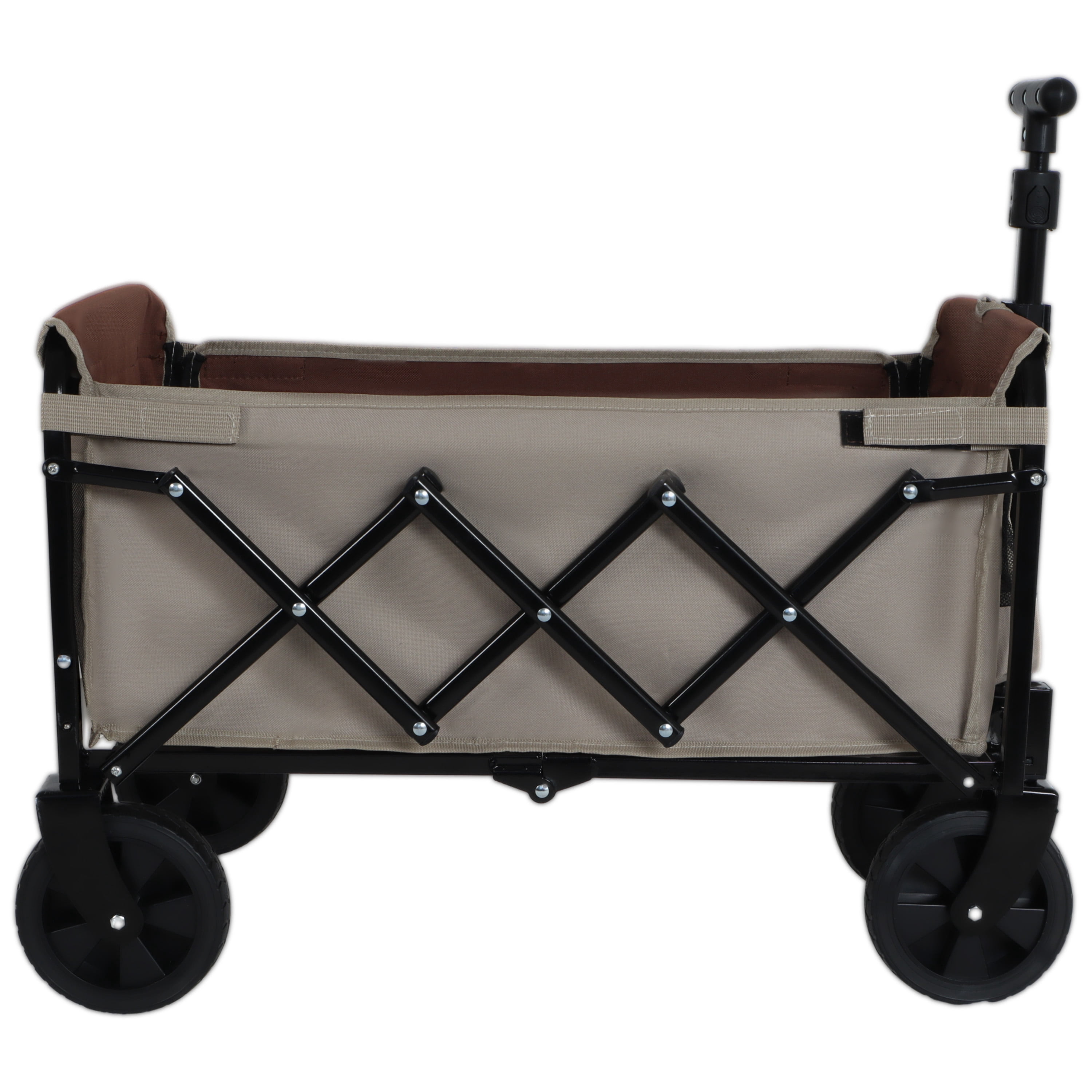 All-in-One Convertible Folding Camping Wagon Cart, Bench Seat, Storage Compartment & Included Dog Tether, Beige/Brown