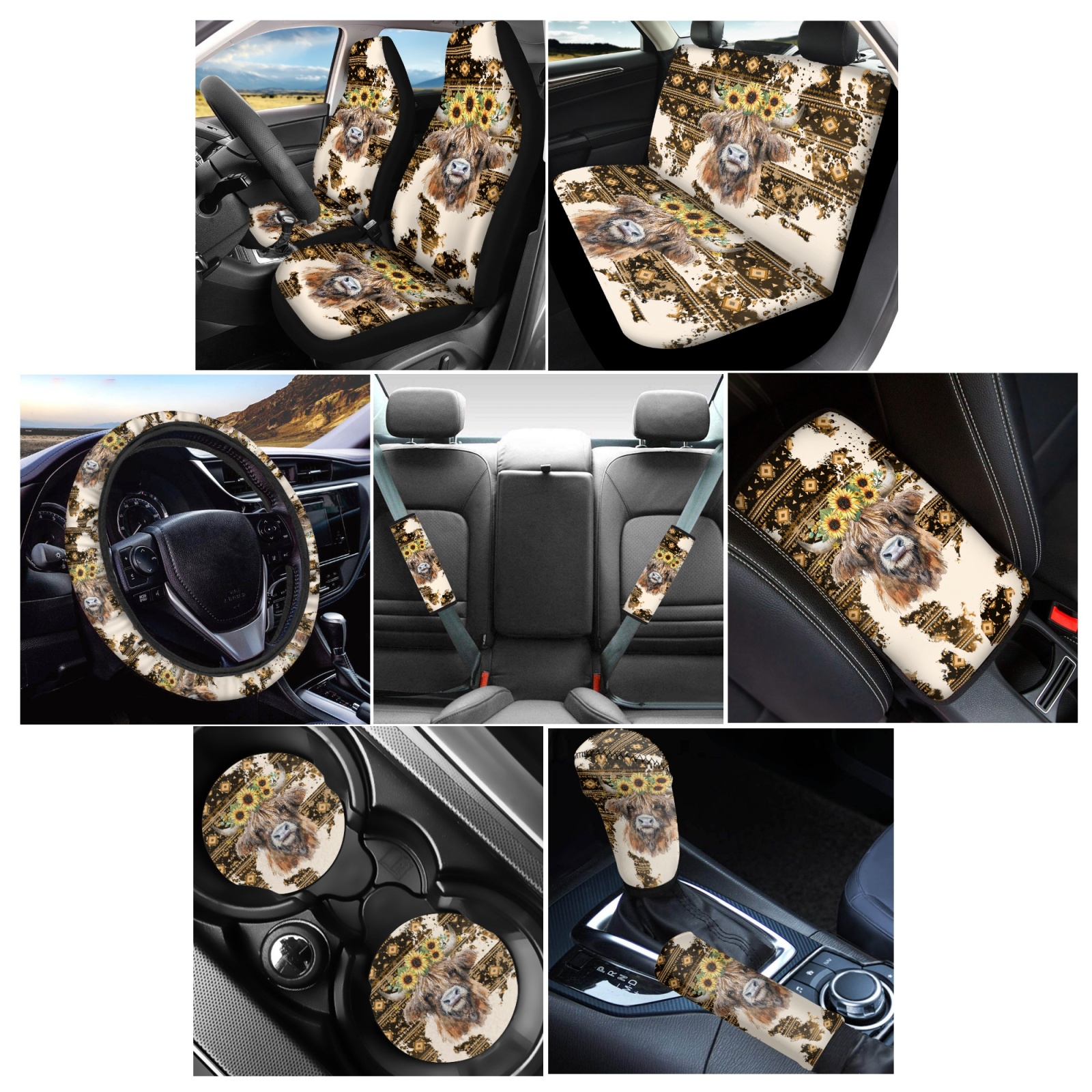Renewold American Tribal Highland Cow Sunflower Brown 12 PCS Car Seat Covers Set for Women, Soft Steering Wheel Cover Seat Belt Pad Armrest Pad Handbrake Cover Gear Shift Cover Coasters