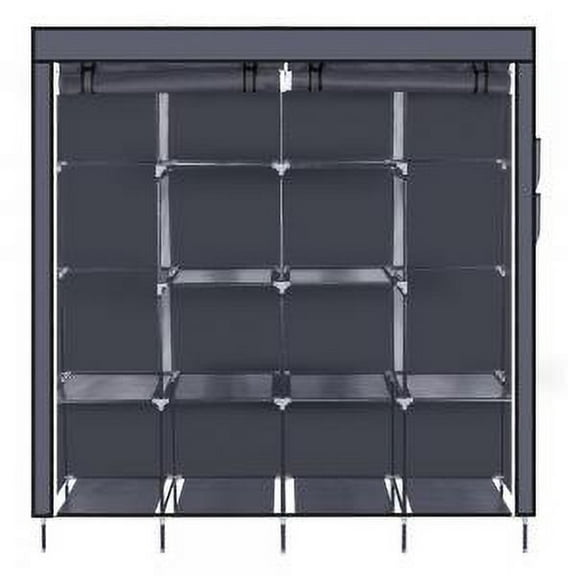 Bingkers 67" Clothes Closet Portable Wardrobe Clothes Storage Rack 12 Shelves 4 Side Pockets Gray