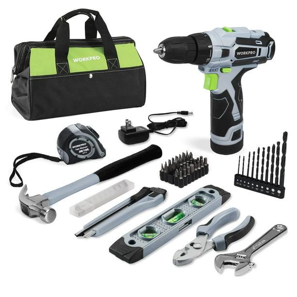 Juego de herramientas WORKPRO, destornillador inalámbrico de 12 V con kit de 61 piezas
