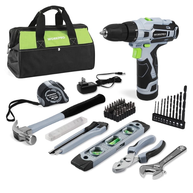 Juego de herramientas WORKPRO, destornillador inalámbrico de 12 V con kit de 61 piezas