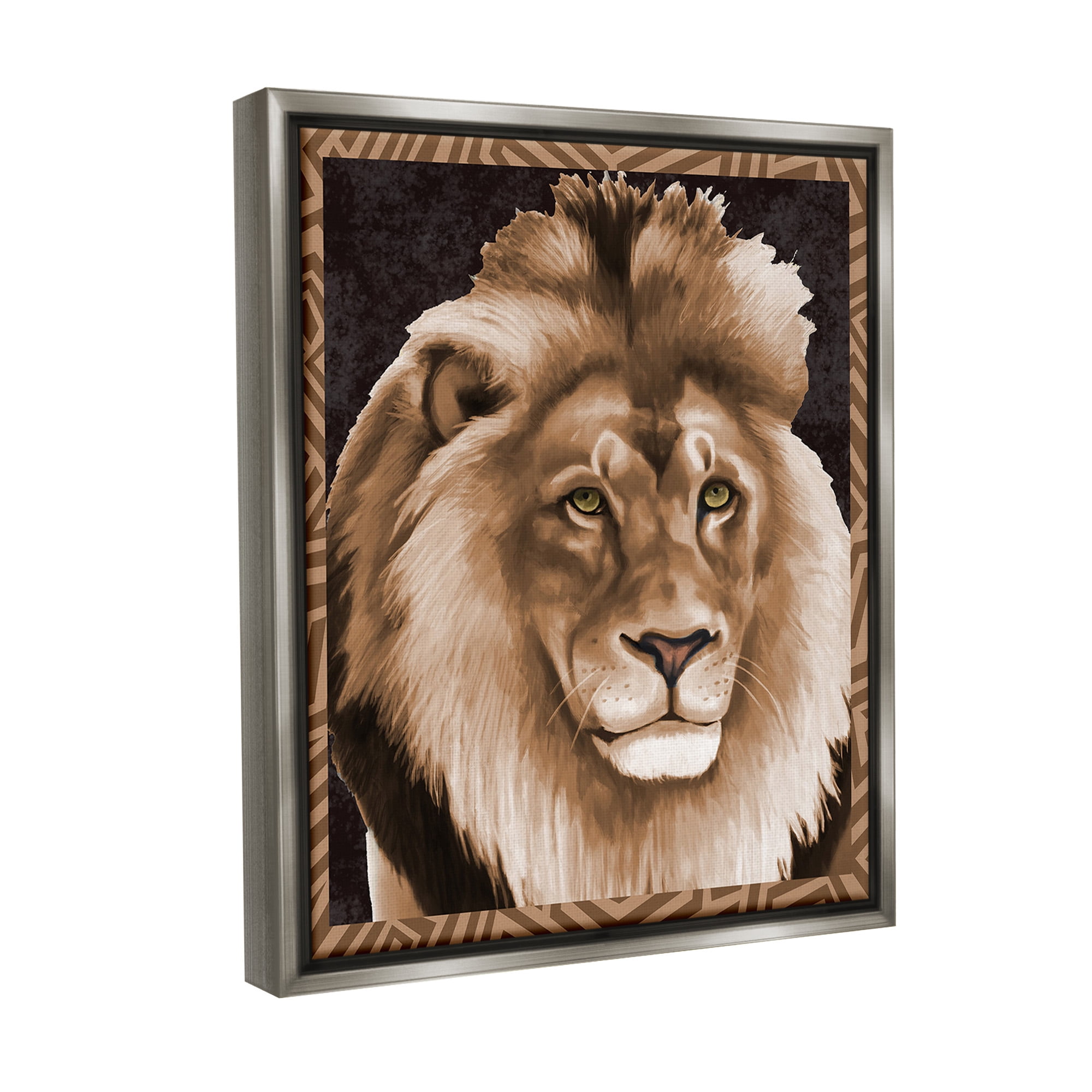 Stupell Industries Lion with Geometric Border Animals & Insects Painting Gray Floater Framed Canvas Art Print Wall Art, 25 x 31