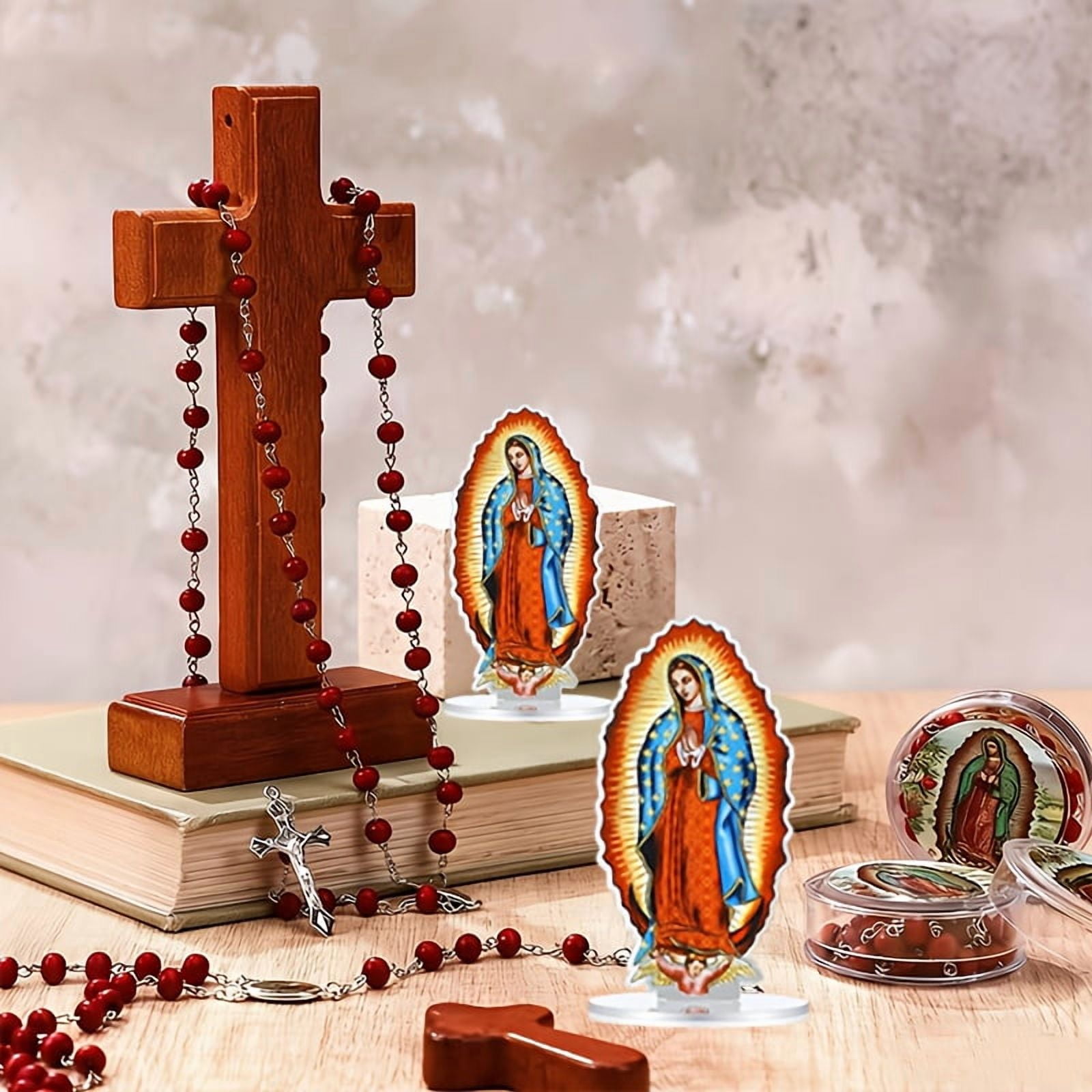 24 Pcs Our Lady of Guadalupe Rosary Necklace Set, Virgin Mary Acrylic Standing Decor with Cross Pendant Beads, Catholic Religious Gifts for Baptism Prayer Church Favors Bulk
