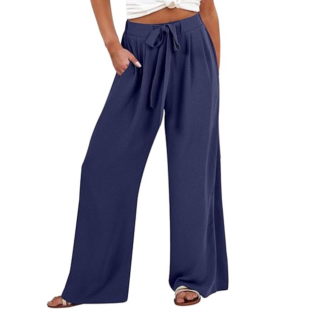 Pantalones anchos para mujer - Cintura ajustable, nudo fluido, corte holgado informal con bolsillos, pantalones de playa de lino para todas las estaciones