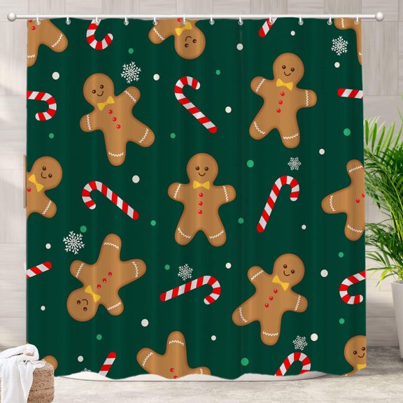 Christmas Cute Gingerbread Decor Shower Curtain,Gingerbread Candy Canes On Dark Bathroom Decor Polyester Fiber Plastic Rings Quick-Drying Waterproof for Bathtubs/Bathroom, 72x72 inches