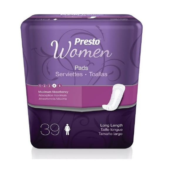 Presto Incontinence Pad for Women, Long ,Maximum Absorbency, 14" | 39 Count