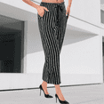 thumbnail image 2 of FUNUONY Women's Wide Leg Pants Flowy Pants for Women Casual Palazzo Trousers Loose Fit High Waisted Drawstring with Pocket New Large Sized Loose Striped Cotton and Linen Casual Trousers Black S, 2 of 7