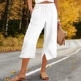 thumbnail image 2 of Side Slit Capris for Women Summer Wide Leg Pants Beach Casual Elastiv Wasited Trousers with Pockets White L, 2 of 5