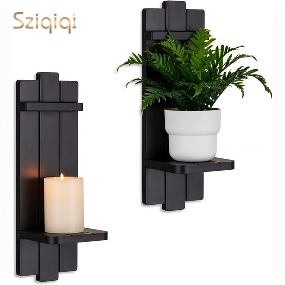 Sziqiqi Set of 2 Black Wooden Wall Candle Sconces: Gothic Distressed Candle Holders Shelf for Pillar Candles & Tealights, French Country Wall Decor (15.75x5.1in)