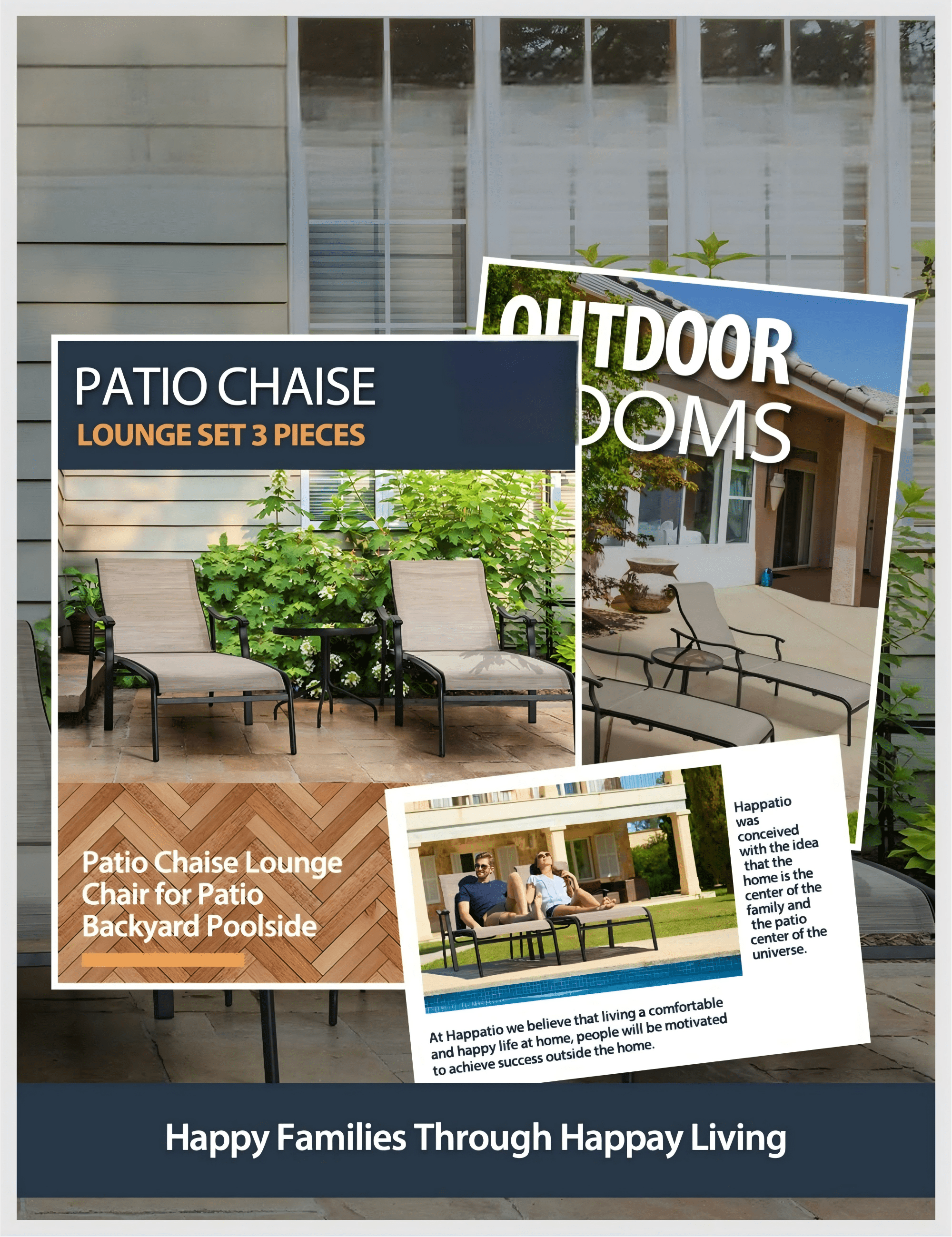 Patio Chaise Lounge Set 3 Piece Outdoor Lounge Chairs with Table Adjustable Pool Lounge Chair Textilene Fabric for Patio Backyard Poolside, Brown