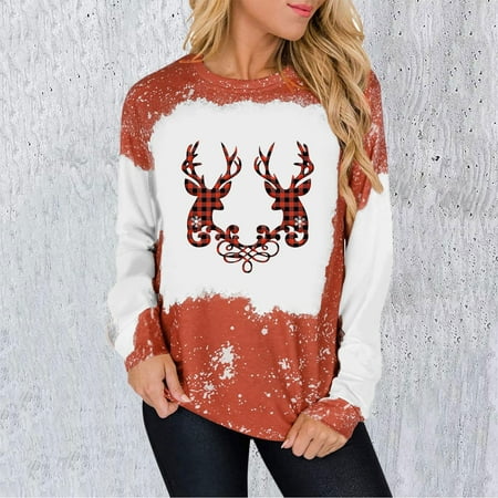 

jsaierl Womens Christmas Sweatshirts Round Neck Long Sleeve Shirts Deer Pattern Tops Cute Tunic Tops to Wear with Leggings Bleached Blouse Tee