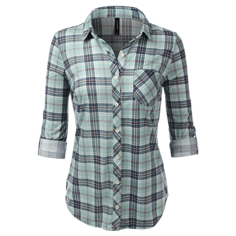 JJ Perfection - JJ Perfection Womens Long Sleeve Knit Plaid Collared ...