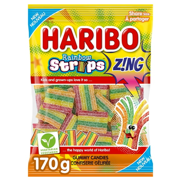 Haribo Z!NG Rainbow Strips Sour Gummy Candy 170g, No Artificial Colours, Haribo Rainbow Strips