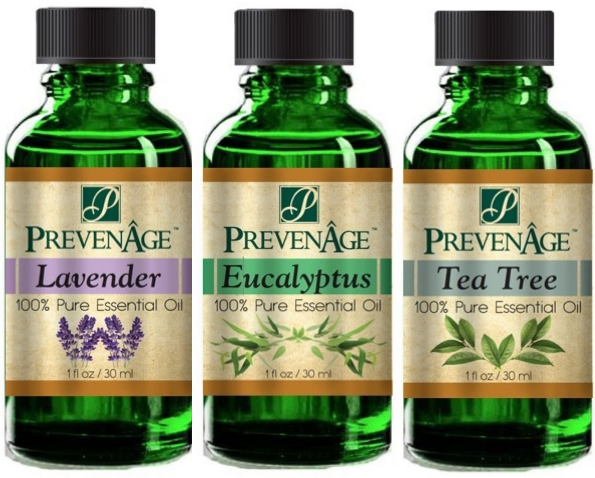 Essential Oil Gift Set of 3 Aromatherapy 30 mL / 1 Oz - Eucalyptus, Lavender and Tea Tree - Premium Grade - Made with 100% Pure Therapeutic Grade Essential Oils by PrevenAge Made in USA Pack of 3