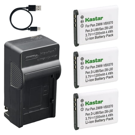 Kastar 3-Pack Battery and AC & USB-C Charger Compatible with VBX070 DB-L80 D-LI88 PX1686 Camera for Panasonic HX-DC1 DC2 DC3 HX-WA10 Sanyo CG10 CG100 VPC Series Toshiba Camileo SX500 SX900