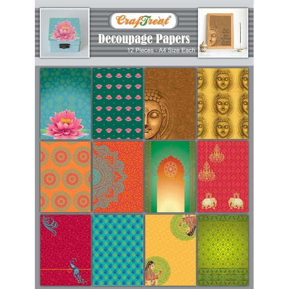CrafTreat Papier de Découpage Indien pour Artisanat - Ethnique Indien - Taille : A4 (8.3 x 11.7 Pouces) 12 Pcs - Papier de Découpage Bouddha - Papier de Découpage Indien