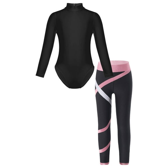 Sinleey Kids Girls Gymnastics Long Sleeve Leotard with Leggings Set Athletic Ballet Unitard 2 Piece Pink 3XL