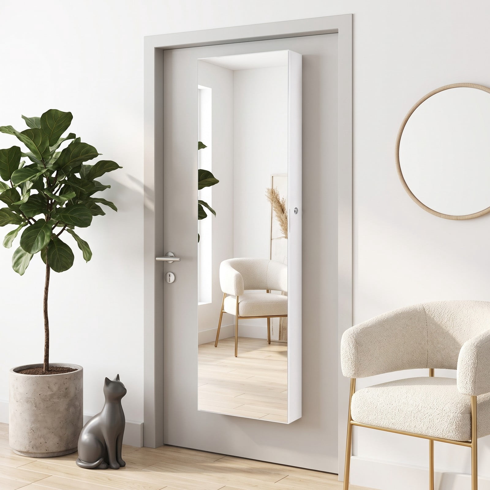 Furnibear Lockable Wall and Door Mounted Jewelry Cabinet with Full-Length Mirror and LED Lights for Bedroom Ring and Necklace Storage, White