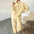 thumbnail image 2 of Women's Two Piece Outfits Sweatshirt Set Solid Color Button Up Casual Hoodie Loose Long Sleeved Round Neck Fall Beige Sweatpants Tracksuit Lounge Sets S-XL, 2 of 6