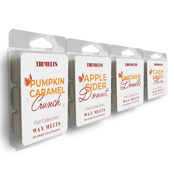 Fall Collection Wax Melt Variety 4 Pack Dye Free, Pumpkin Caramel Crunch, Snickerdoodle, Apple Cider Donuts, Cashmere Plum, 4 Highly Scented Dyeless 2.6 oz Bars, TruMelts Premium Wax Melts