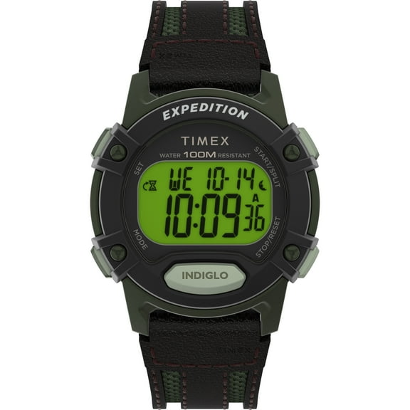 Timex Men's Expedition Digital CAT5 41mm Watch – Green Case Black Top Ring with Brown Leather & Green Fabric Strap
