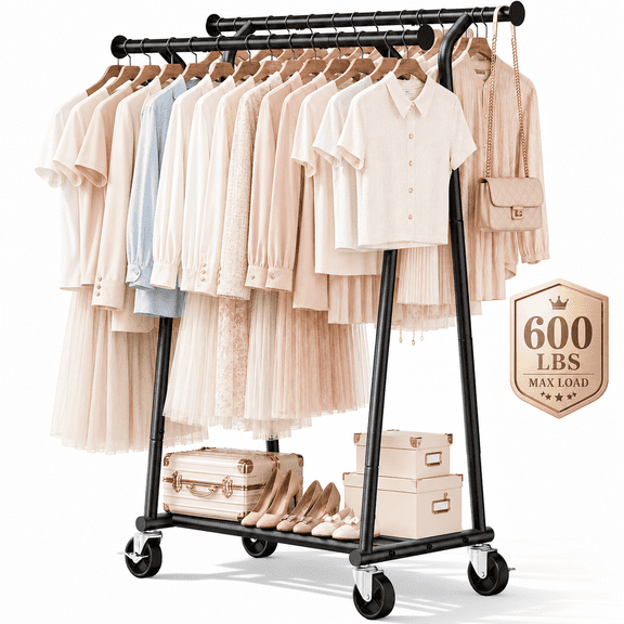 600lb Heavy Duty Clothes Rack Stainless-Steel Garment Rack with Shelf and Wheels Rolling Clothes Rack with Double Rods Clothes Drying Rack,47.25"L×65"H×16.54"W
