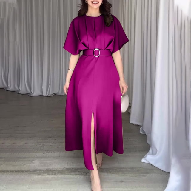 Women's Casual Solid Color Round Neck Short Sleeve Dress Lightweight Comfortable Polyester Loose Fit Midi Dress for Daily Work Outdoor Spring